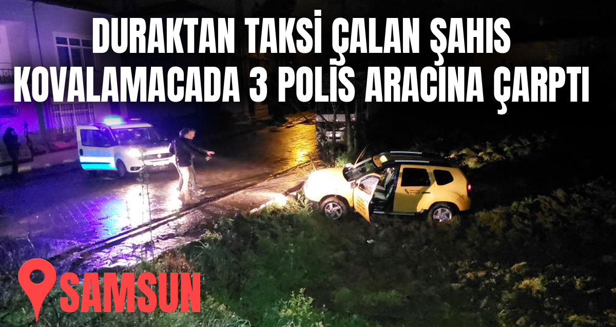 Duraktaki taksiyi çalan şahıs kovalamacada 3 polis aracına çarpıp bahçeye uçması sonucu 1'i polis 2 kişi yaralandı